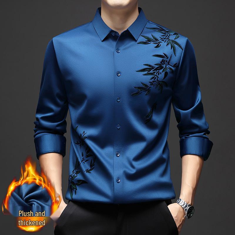 Herrskjorta i kinesisk stil med fleecefoder och stretch - Sömlös, skrynkfri, varm, långärmad, krage