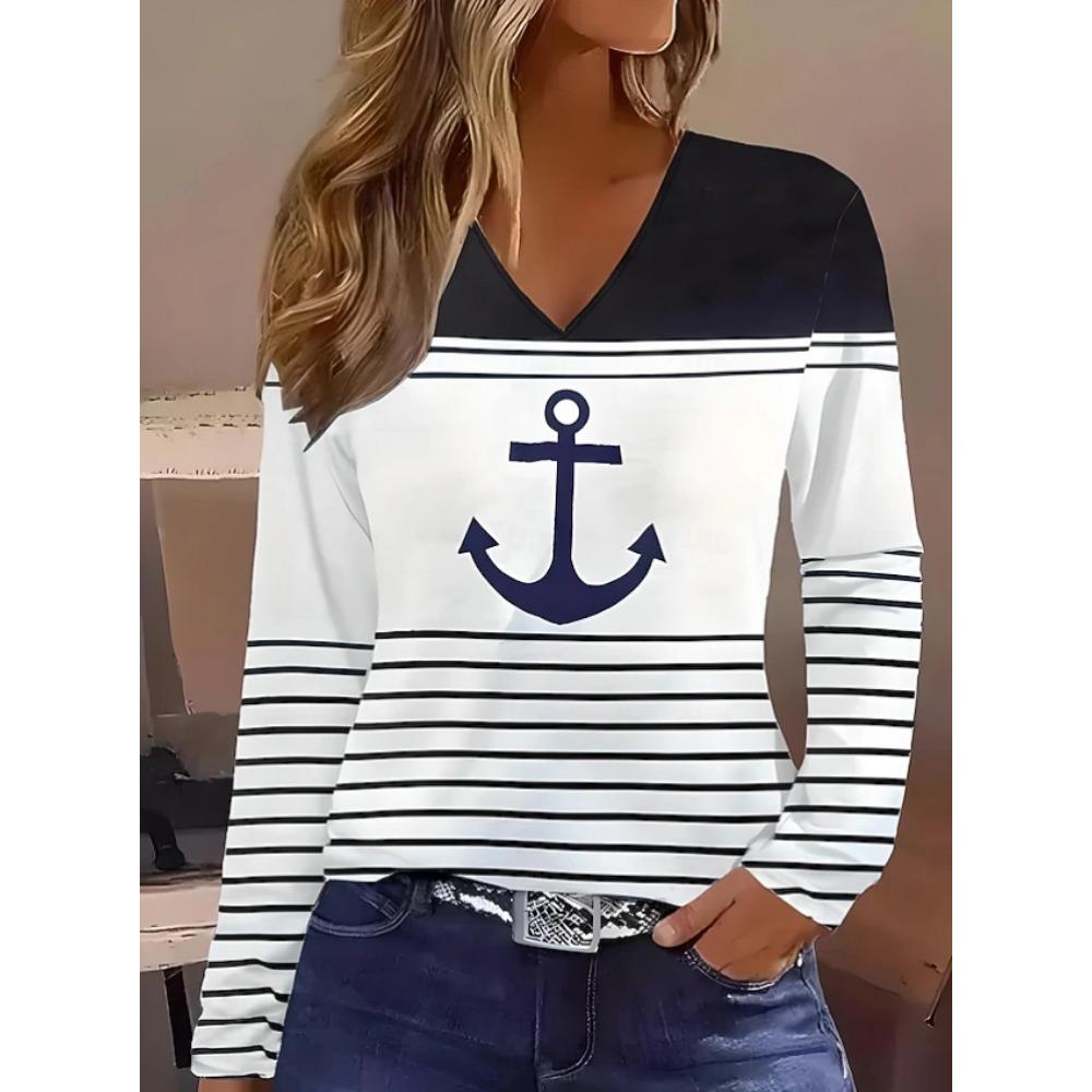 

Женская футболка с V-образным вырезом и длинными рукавами с геометрическим принтом - Повседневный и элегантный дизайн с цветовым контрастом XL