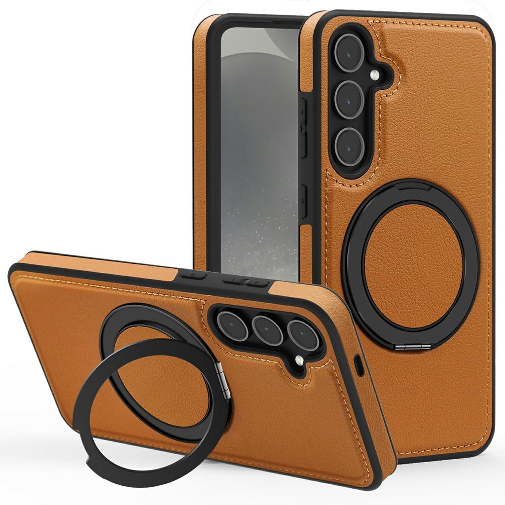 For Samsung Galaxy S25 Case with Ring Kickstand Magnetic Case PU Leather Back Cover