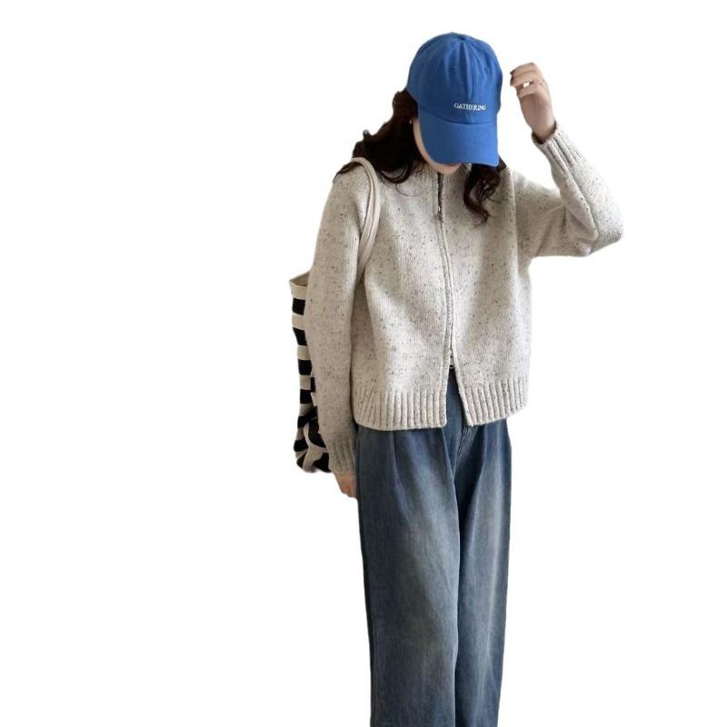 Retro Gentle Wind Variegated Knitted Cardigan Top Women's Autumn and Winter New Round Neck Short Lazy Sweater Jacket