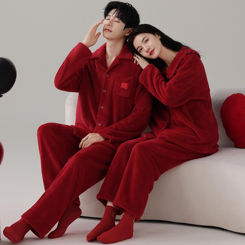 Coral Fleece Red Wedding Pajamas Newlywed Couple Suit Autumn And Winter Thickened Flannel Natal Year Loungewear For Men And Women