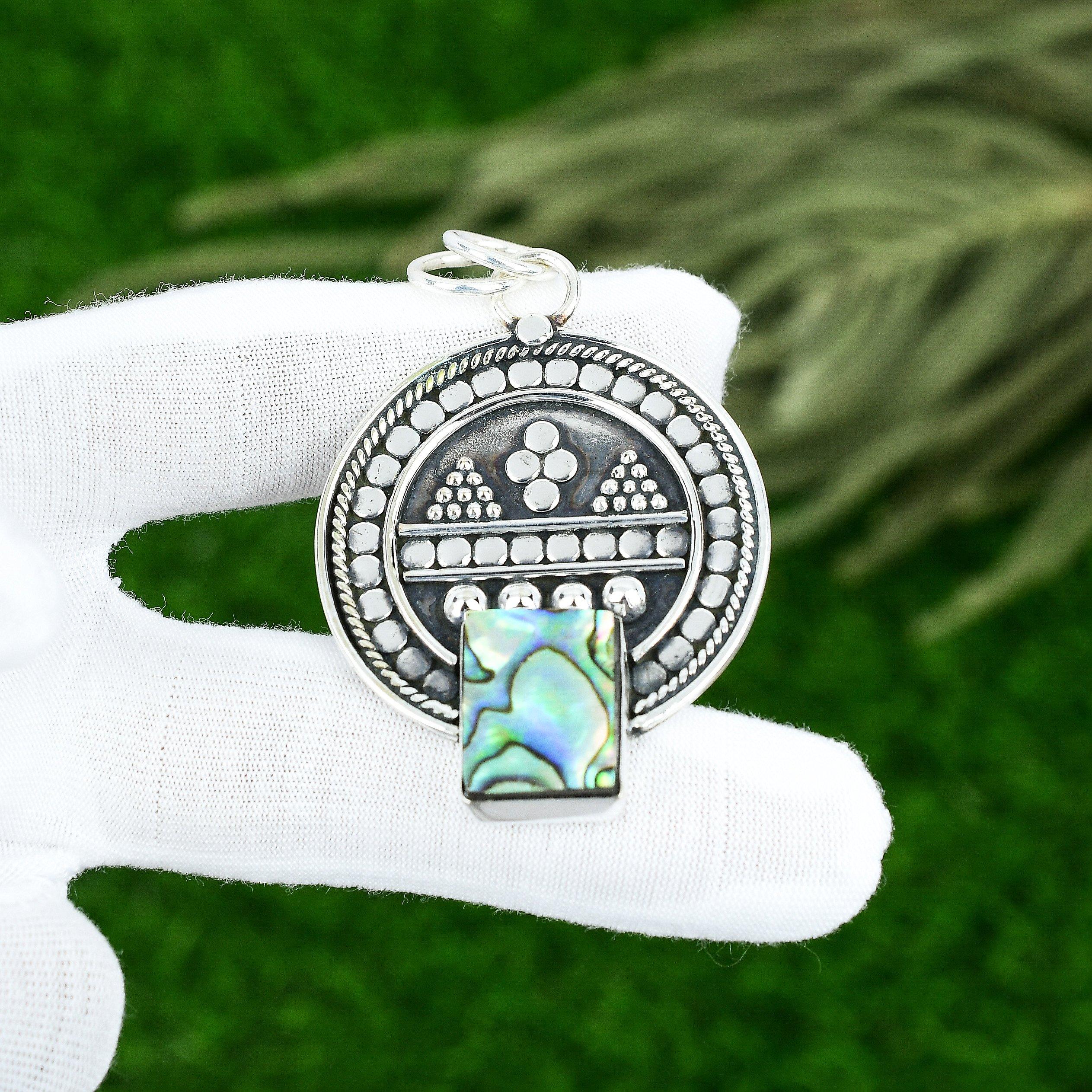925 Sterling Silver Natural Abalone Shell Wife Engagement Bezel Birthday Pendant