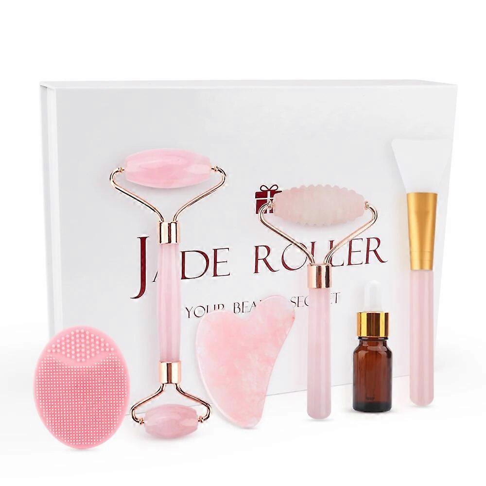 Jade Roller And Gua Sha Set Rose Quartz Face Massager 6 In 1 Facial Roller Gift Box Massager For Face Beauty Skin Care Tools