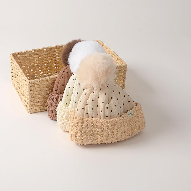 Warm Baby Beanie for Boy Girl Simplicity Solid Color Dot  Style Hat for Toddler Autumn Winter Warm Hat with Plush Ball