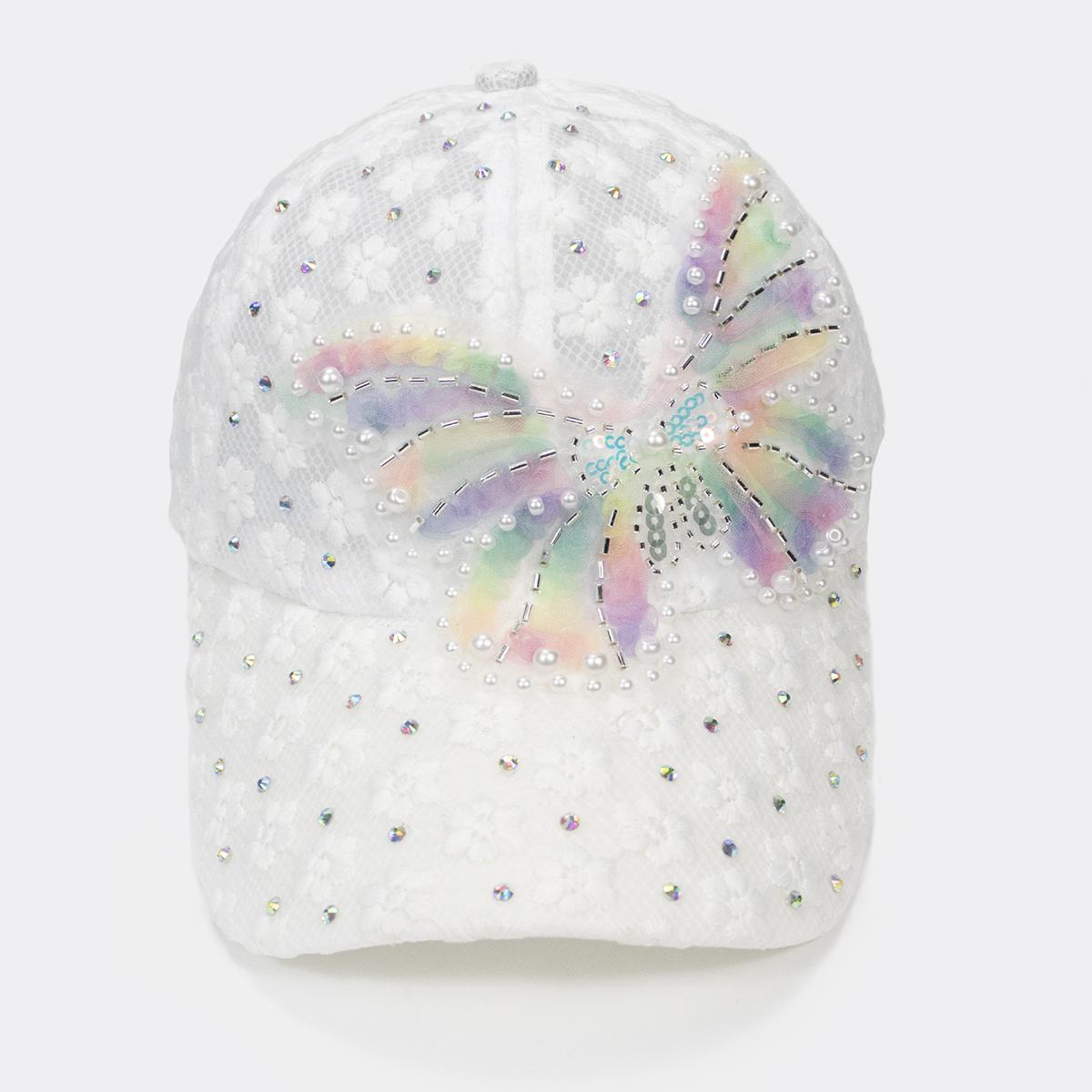 Casquette de Baseball d'Été pour Femme Chapeau de Soleil Élégant ajouré avec Broderie de Papillons et de Fleurs Multicolores blanc