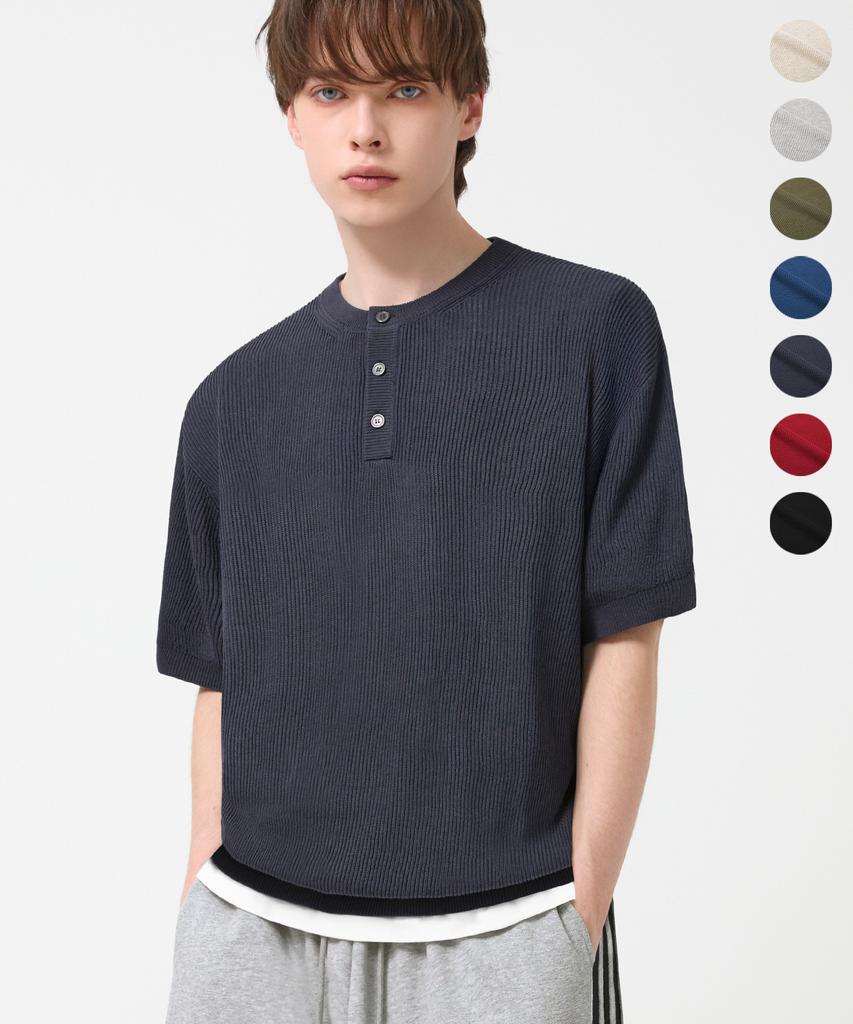 TRILLION Washable Linen Crop Henley Neck Short Sleeve Knit_7 Colors (Type A)