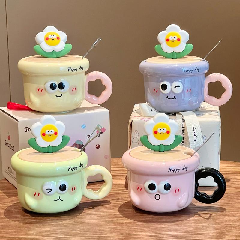 Birthday Gifts for Girls, Cute Flower-shaped Ceramic Mugs, High-value Drinking Cups with Lids and Spoons As Gifts