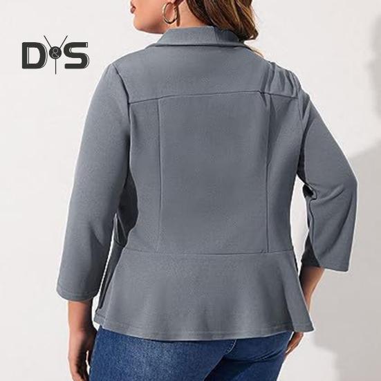 Plus Size Women Suit Coat Lapel Long Sleeve Ruffle Hem Open Front Suit Jacket Solid Color Versatile Business Outerwear