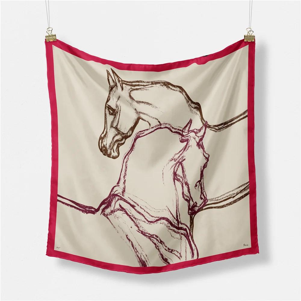 

Twill Silk Scarf Woman Horse Painting Square Scarves Wraps Bandana Small Hijab Silk Foulards Tie Headband Neckerchief 53CM 53CM x 53CM червоний
