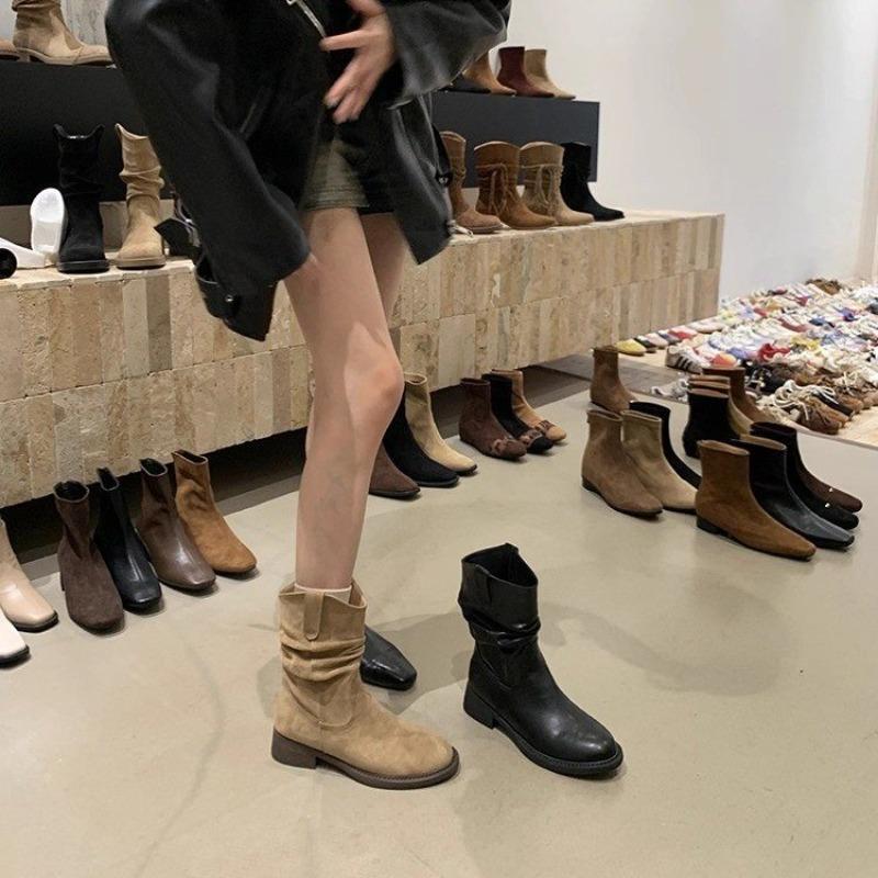 New Style Luxury Women's Fashion Short Boots Women's High Quality Genuine Leather Boots Wrinkled Split Toe Commuter Calf Boots