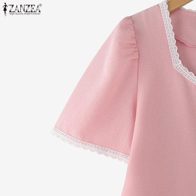 ZANZEA Women Casual Square Neck Summer Short Sleeve Splice Blouse
