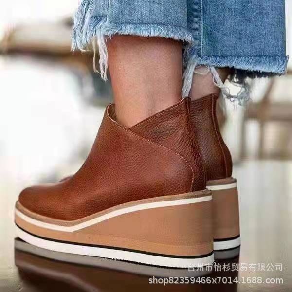 Large Size Slope Heel Short Boots Women's Autumn and Winter New European and American Flat Bottom Side Zipper Round Head Solid Color Bare Boots