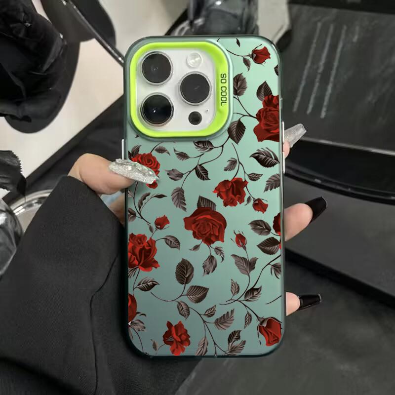 Retro Fashion Red Rose Matte Laser Phone Case For iPhone 11 12 13 14 15 16 Pro Max XS X XR 7 8 Plus SE Shockproof Armour Cover