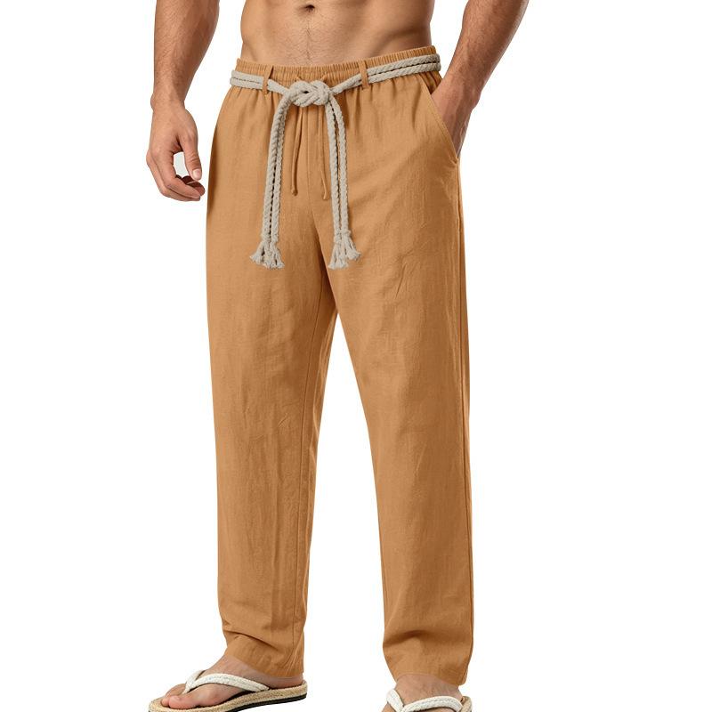 New Men’s Casual Linen Hawaiian-style Holiday and Commuter Trousers: Breathable, Drawstring, Straight-leg, Cotton-linen Blend