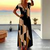 Women Plus Size V Neck Short Sleeve Maxi Dress Black Beige Brown Geometric Block Print Loose Long Dress