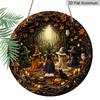 2D Flat, 1pc Round Aluminum Hanging Sign, Five Witches Gathering Dark Autumn Forest Owl Black Cat Pumpkin Print, Vintage Witchy Halloween Fall Front
