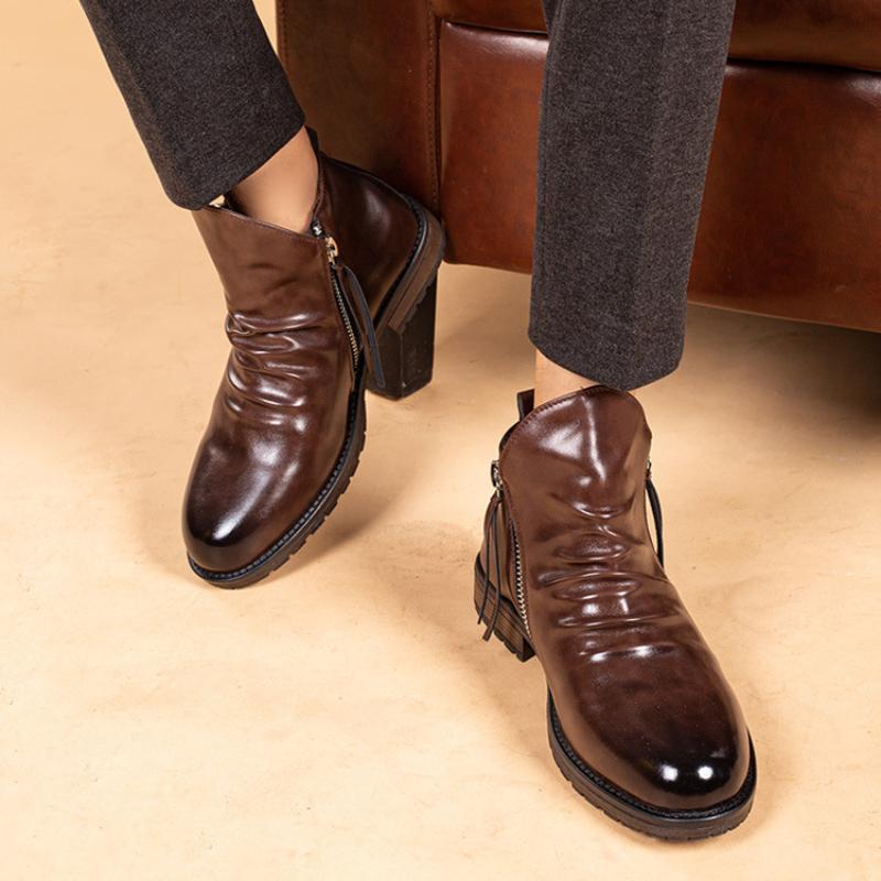 Pánské Chelsea boty v britském stylu Retro Vysoké kovový zip Jednobarevné kožené boty pro muže Business boty Outdoorové ležérní boty