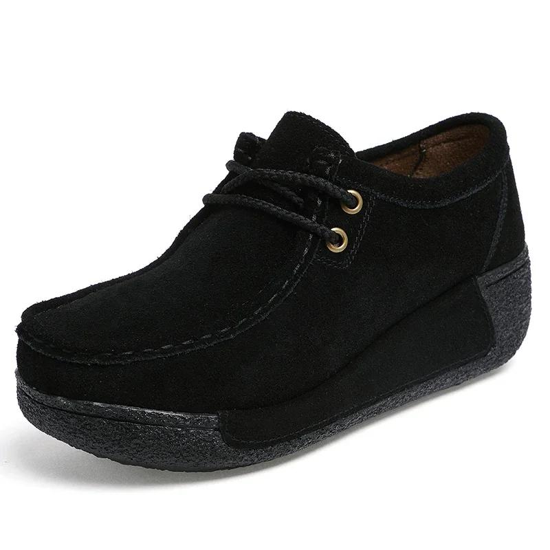 Autumn Thick Bottom Moccasins Loafers Ladies Non-Slip Lace Up Walking Shoes High Quality Cow Suede Spring Casual Shoes Women