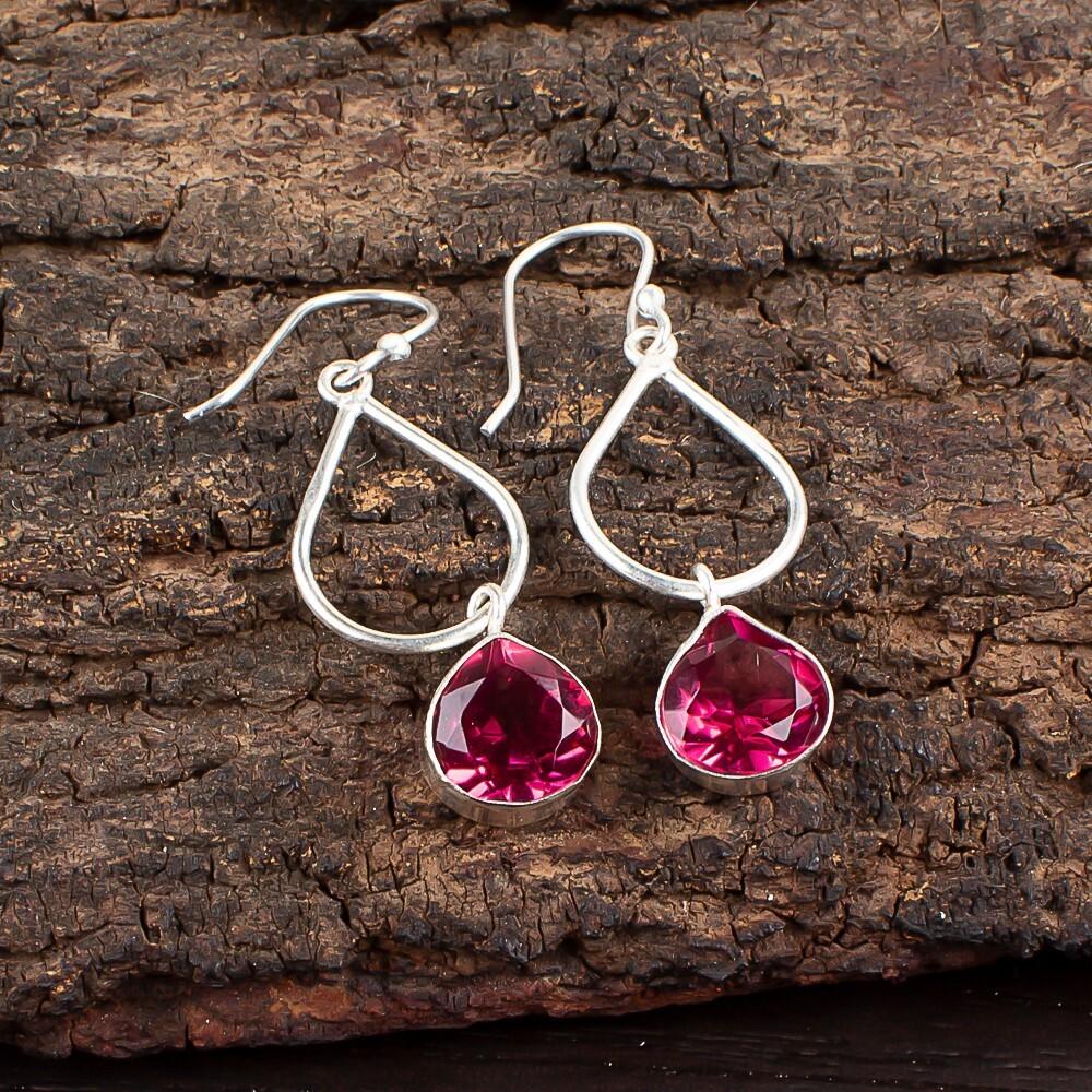 Pink Tourmaline Gemstone 925 Sterling Silver Jewelry Handmade Earrings 1.90" EE-19-18