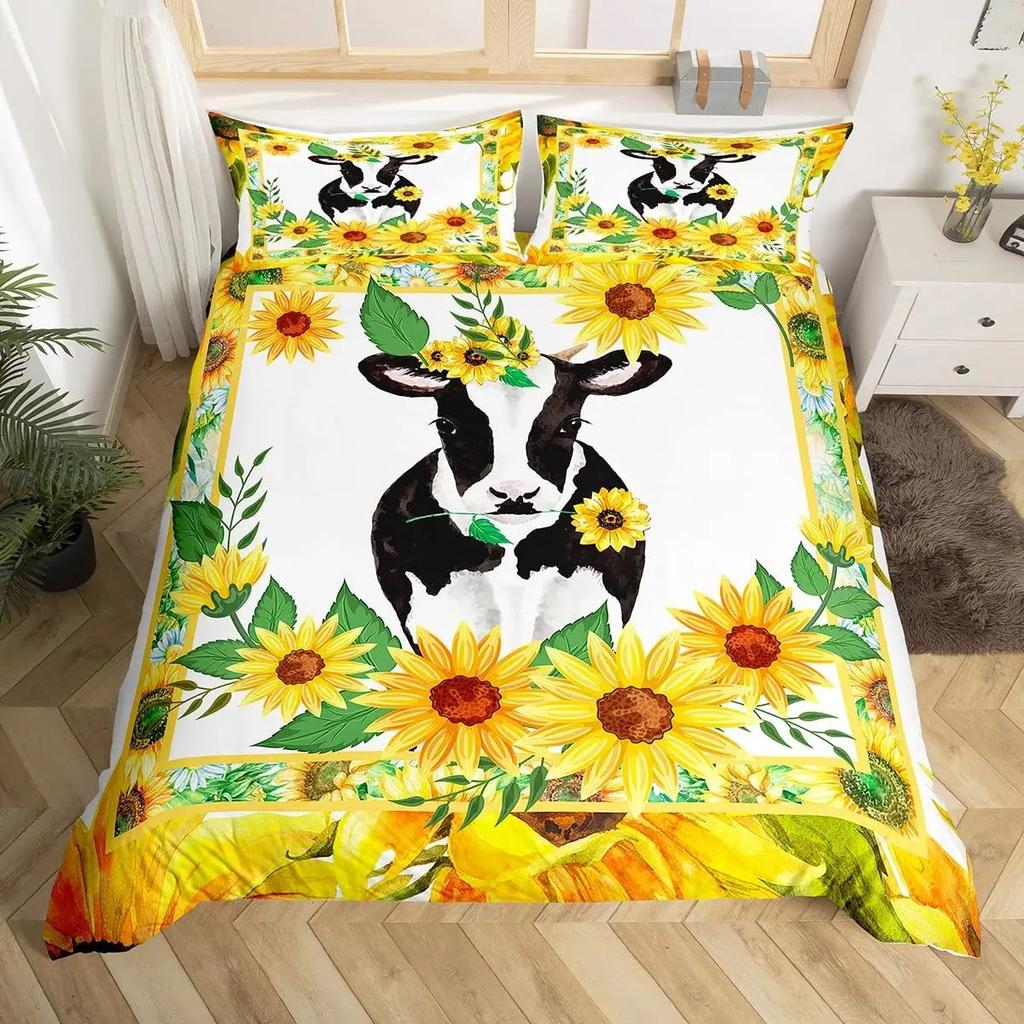 Cow Duvet Cover Collection King Microfiber Milk Cow And Yellow Sunflower Print Comforter Cover Cute Animal And Floral Theme Bedding Collection