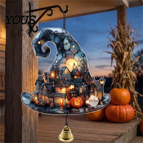 Acrylic Decoration with Bell Halloween 2D Chain, Bell, Stained Glass Ghost Bat Spooky Home Decorations Pumpkin Suncatcher Decor, Window Wall