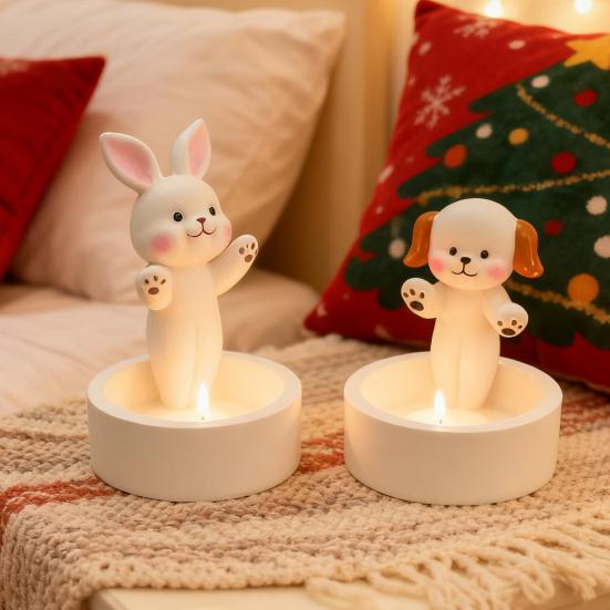 Yousheng Candle Holder Cartoon Dog Cat Design Hand-Painted Art Resin Construction Candlestick Candle Accessory