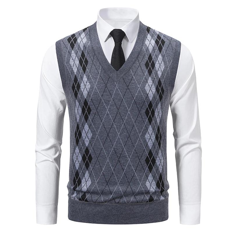 Men's Knitted Warm Sweater In Autumn and Winter V-neck Vest Diamond Grid Twisted Flower Casual Fashion Versatile Top