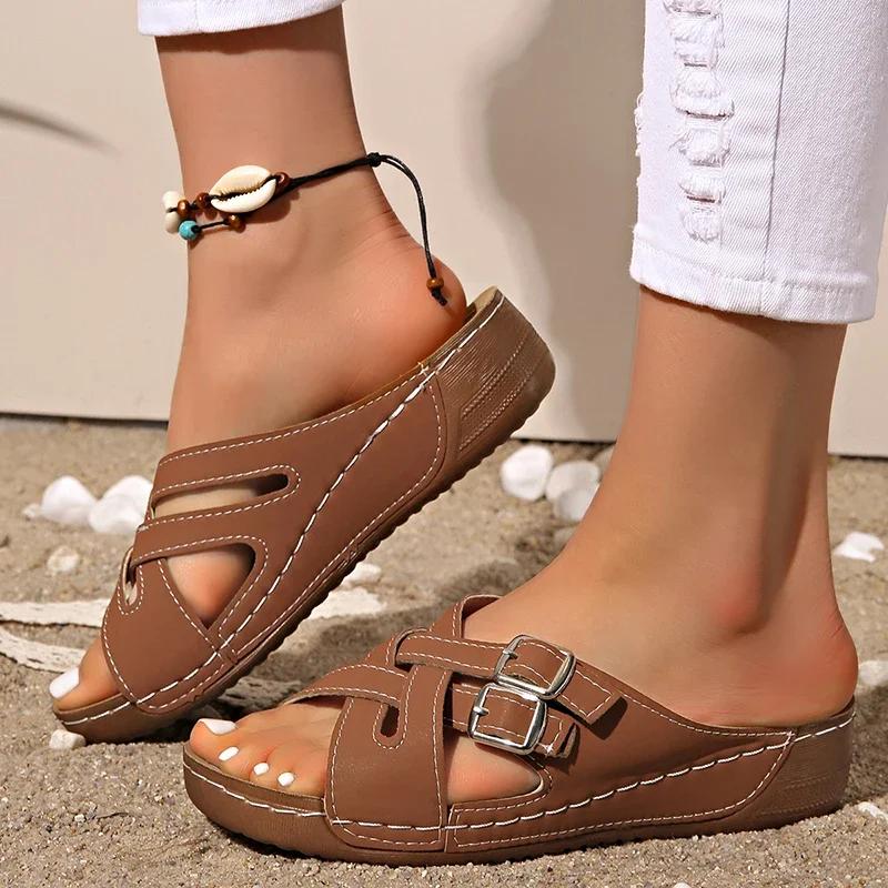 Fashion Fashion Cross Straps Platform Slippers Women Comfort Double Buckle Wedge Sandals Woman Summer 2025 Anti Slip Casual Beach Shoes