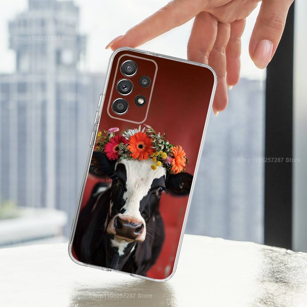 Animal Cute Dairy Cow Phone Case For Samsung Ultra,FE,A30,71,51,S9,10,20,Lite, S22,23,21,PIus,Transparent, Silicone