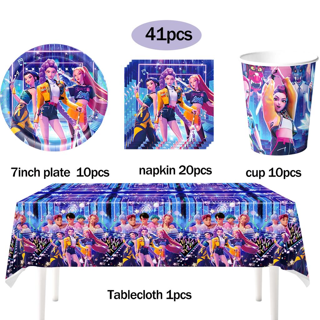 סט קישוטים למסיבת יום הולדת קיי-פופ חם כלי שולחן לילדים בלונים כוסות צלחות מפיות קישוט לעוגה דגל שקית מתנה - ציוד למסיבות