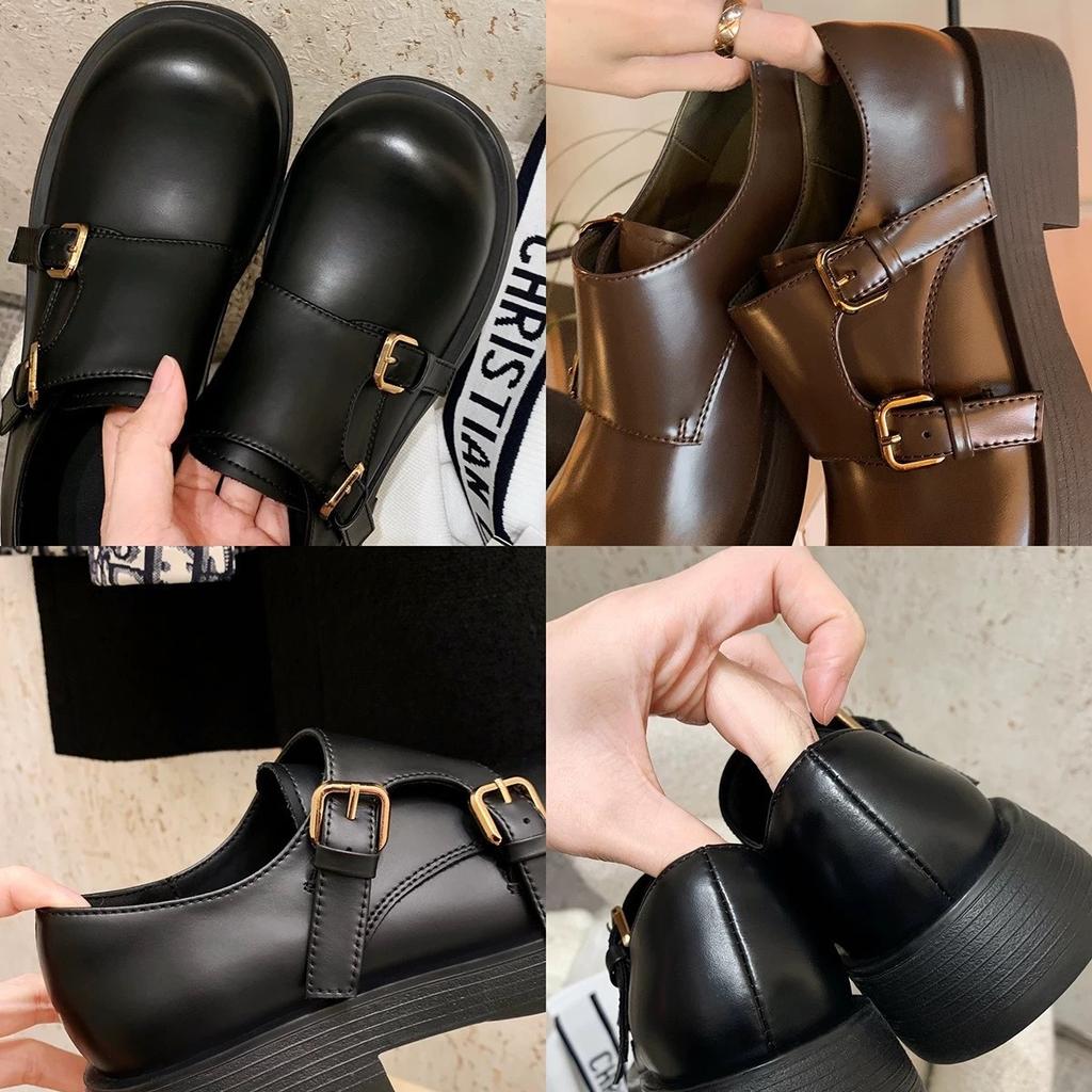Spotten Sie Traubenfrauen mit denselben Loafers, Doppelschnalle mit einem Pedal, hässlich und süß, vielseitige Retro-britische Big-Head-Lederschuhe für Damen