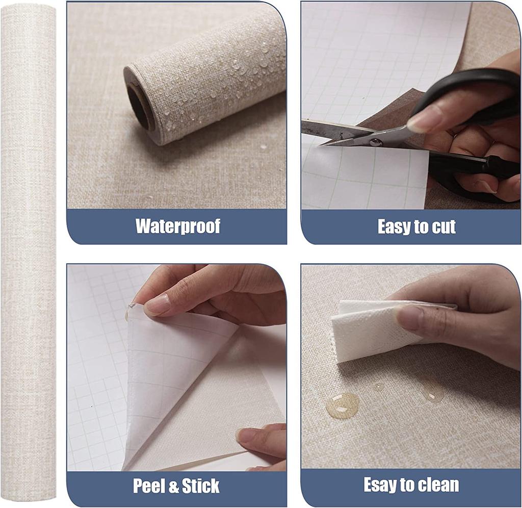 Grasleinen Selbstklebende Tapete Leinen Selbstklebende Tapete Wasserdicht Abnehmbare Kontaktfolie für Schränke Arbeitsplatten