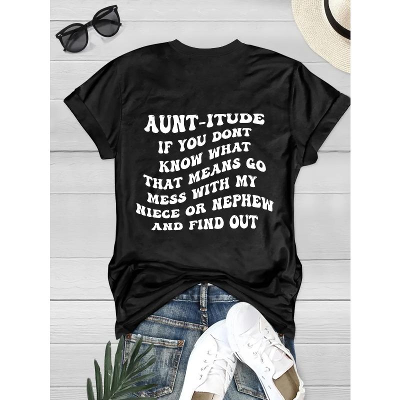 Women Aunt Humor Letter Print T-Shirt Crew Neck Short Sleeve Spring Summer Family Gathering Casual Machine Washable Top