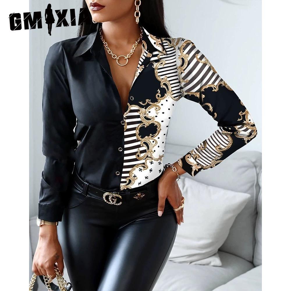 GMXIA Women's Fashion Casual Solid Color Print Long Sleeve POLO Neck Blouses & Shirts