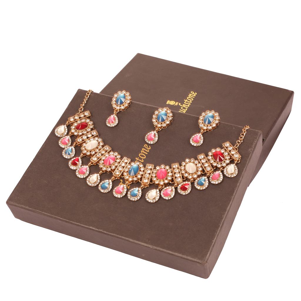 Sunsoul by Touchstone Indian Bollywood Traditional Handcrafted Hanging Designer Jewelry Necklace Set in Gold Tone for Women. Metal, No Gemstones