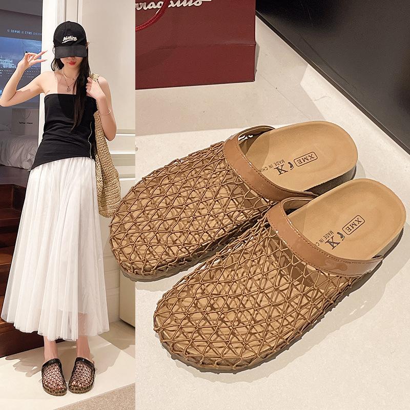 Mesh hollow thick bottom bag head half slippers women 2025 summer new retro fashion vacation wear cool slippers women