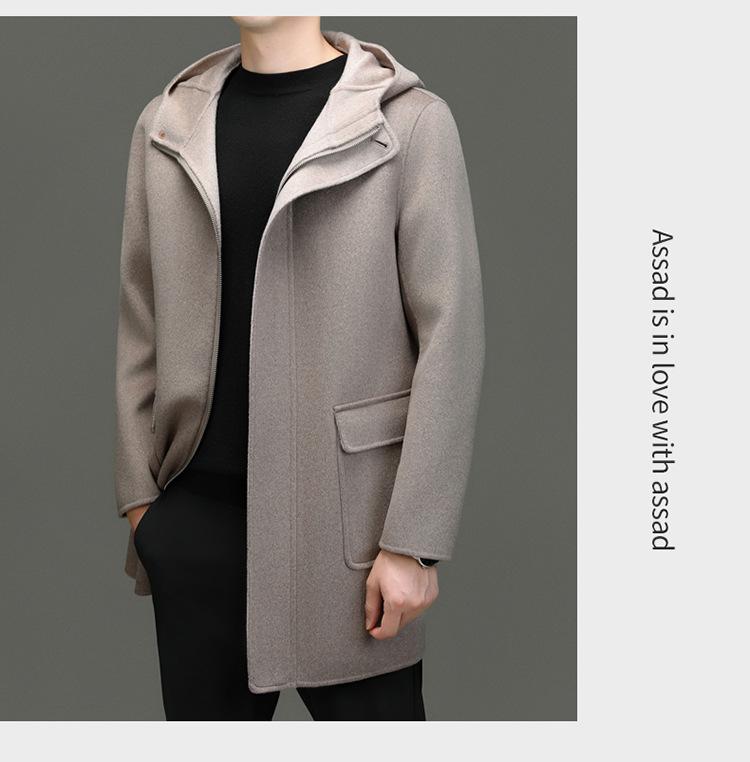Men's Mid-Length Double-Sided Pure Wool Hooded Coat - Autumn/Winter Trendy Youth Outerwear
