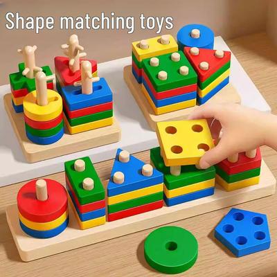 Montessori-Geometriesäulen-Set für Kinder im Alter von 3–6 Jahren. Pädagogische Bausteine zum Formenabgleichen.
