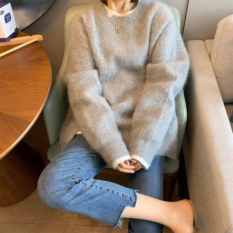 Women Casual Warm O-Neck Soft Knitted Sweater Autumn Winter Long Sleeved Loose Pullovers Fake Two Pieces