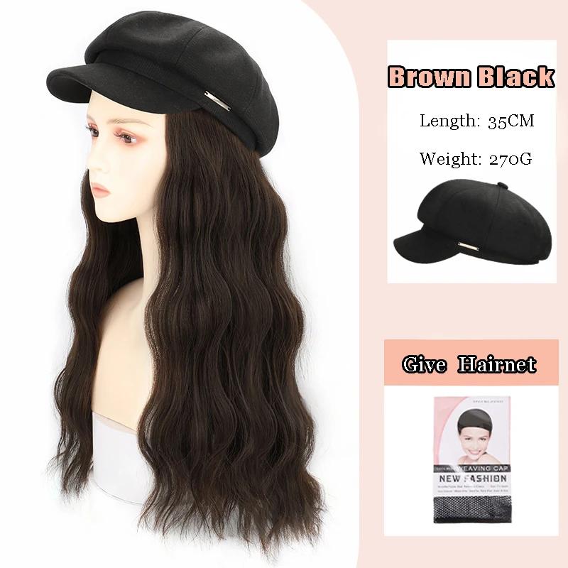 Elegant Women'S Black Baseball Cap With Adjustable Hat Wig - Long Straight Synthetic Hair, One Piece
