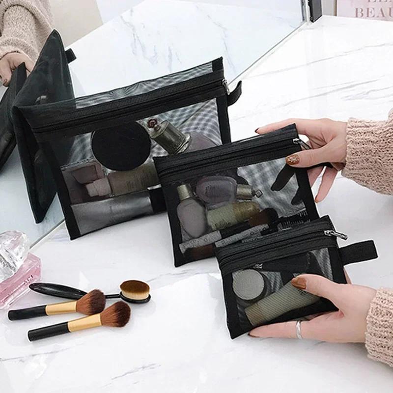 1pc Women Travel Cosmetic Bag Transparent Mesh Makeup Case Organizer Storage Pouch Casual Zipper Make Up Toiletry Wash Bags
