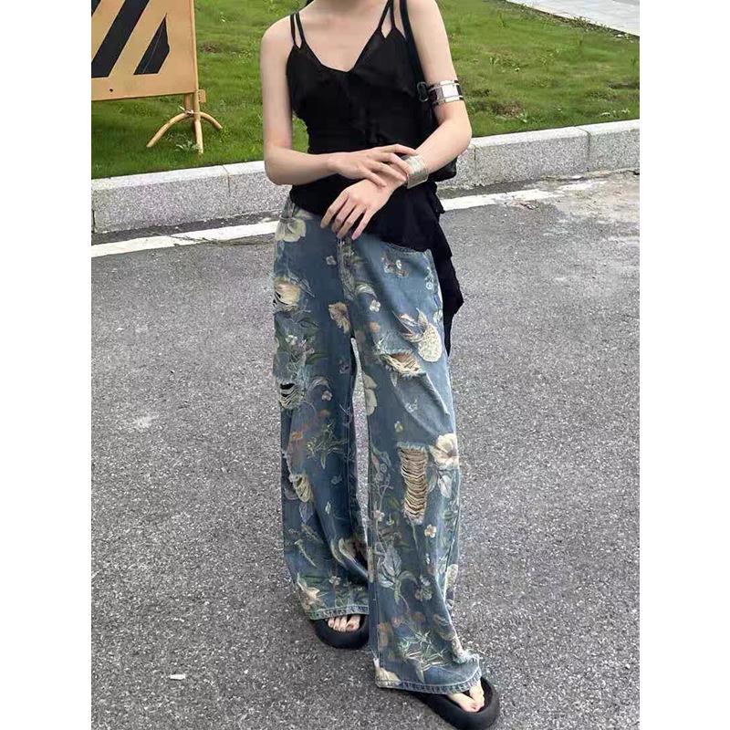 2025 Vintage Print Ripped Wide-Leg Jeans for Women - Spring/Autumn Loose Fit, Straight-Leg Floor-Length