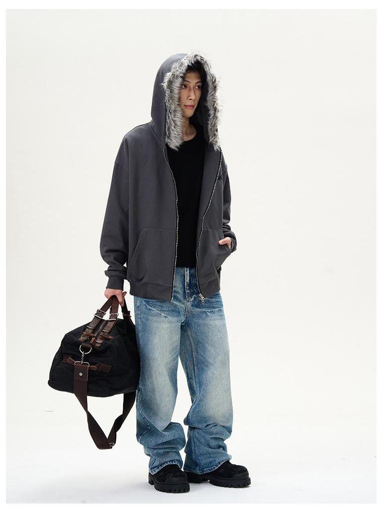 American Retro Oversized Fur Collar Couple Hoodie Cardigan