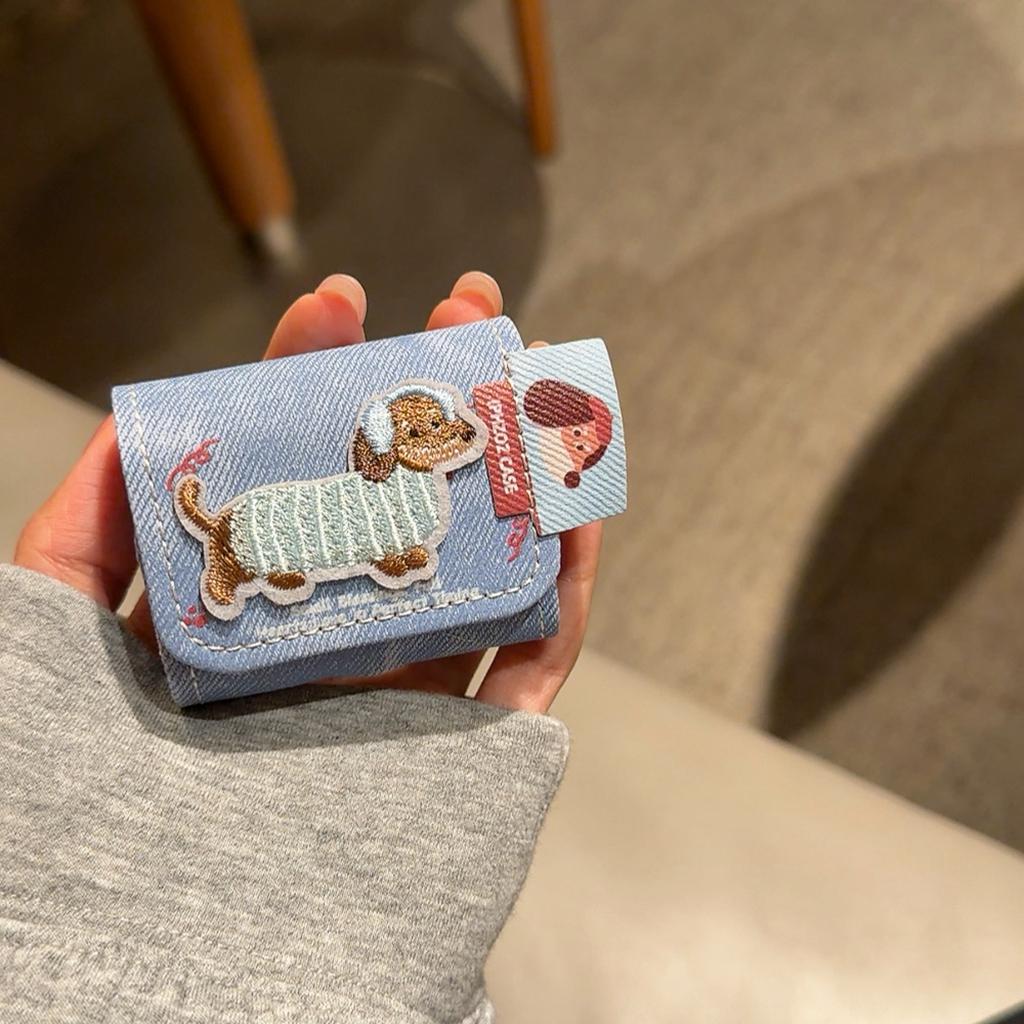 For AirPods 1 2 3 4 Pro 2 Pro 3 Case Cartoon Embroidery Dachshund Dog Denim Pattern Earphone Case Cover Leather with Lanyard