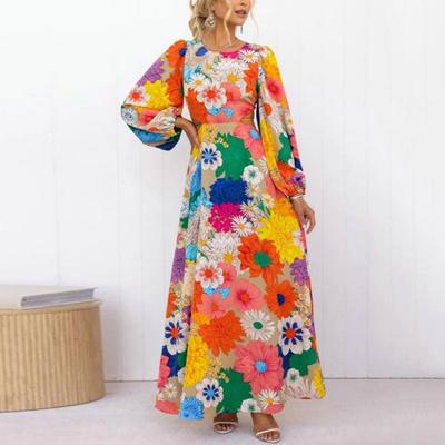 Kleid Bunt Langarm Hohl Enge Taille Schnürung Rundhalsausschnitt Laternenärmel A-Linie Locker