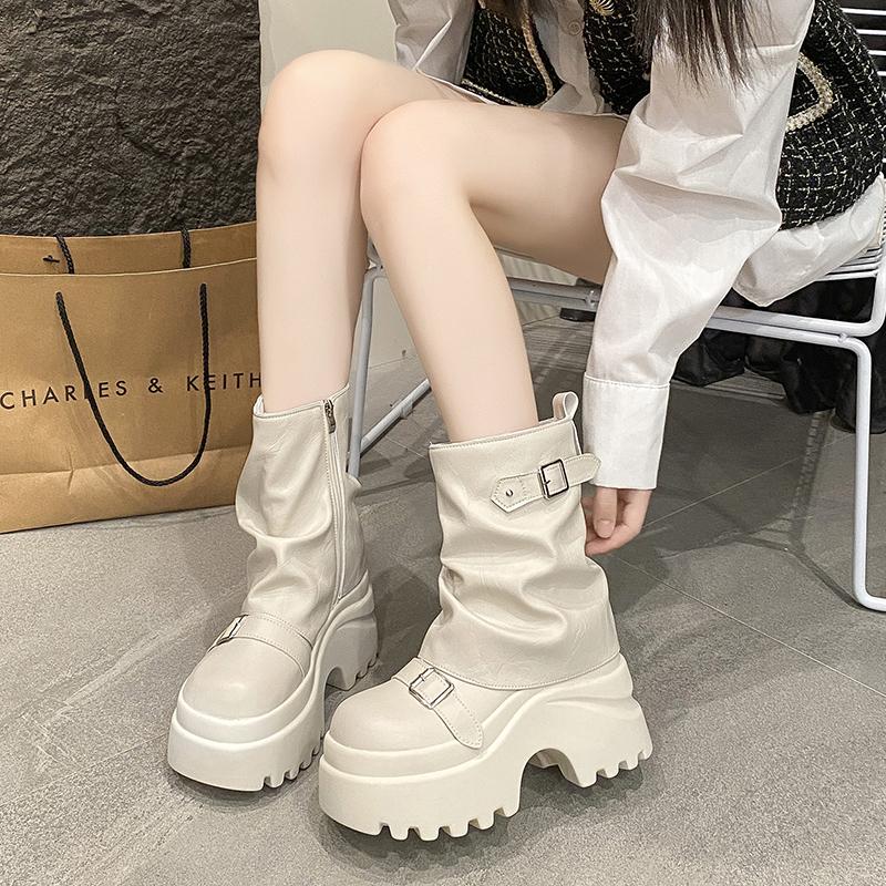 Women Leather Boots New Winter Motorcycle Boots 9.5CM Wedge Heels High Platform Chunky Shoes Woman Autumn Thick Sole Punk Boots