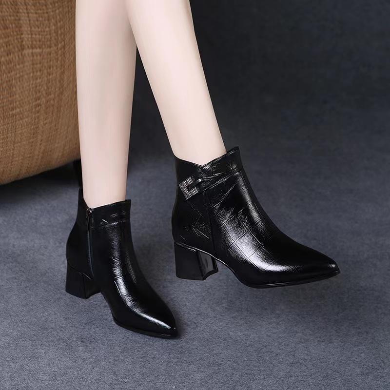 Soft leather thick heel high heel autumn and winter new short boots women's fashion versatile pointed non-slip side zipper Martin boots