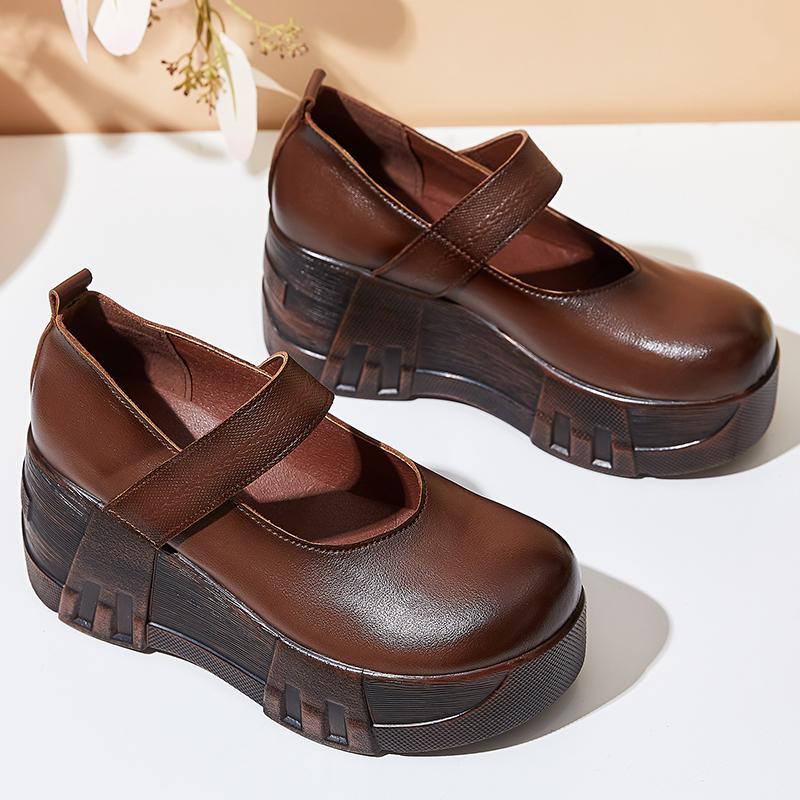 Móda GKTINOO 2024 Jaro Retro Dámské Boty z Pravé Kůže 7CM Klínky Podpatky Boty Silná Podrážka Ležérní Dámské Platformy