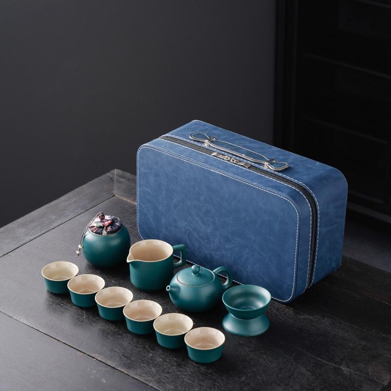 High-End Portable Ceramic Tea Set with Teapot, Teacups, and Tray for Household or Outdoor Use