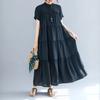 Johnature Solid Color Stand Collar Short Sleeve Button Loose Casual Long Thin Women Dresses Summer Causal Korean Dress